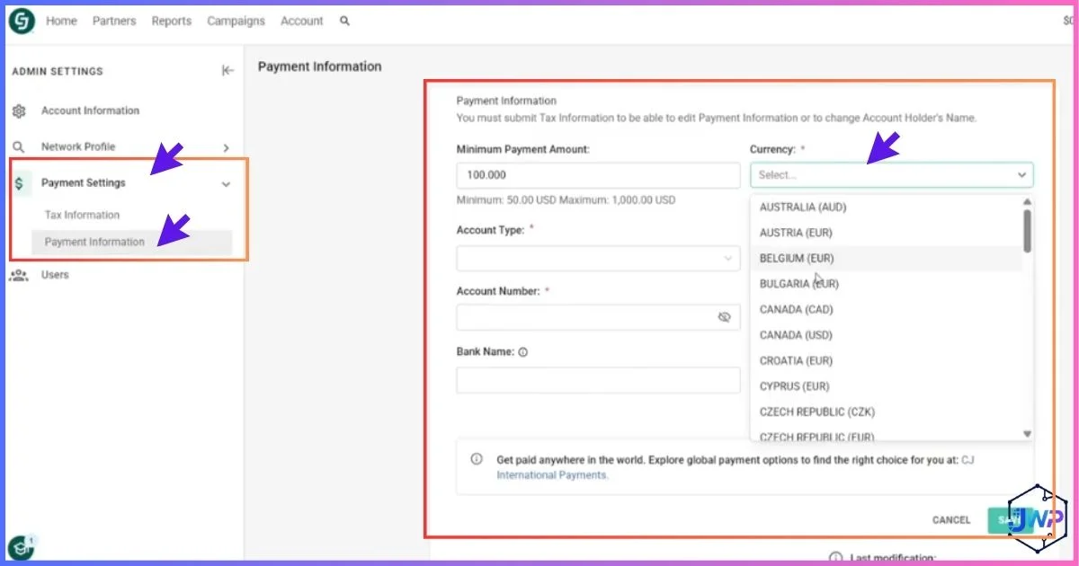 CJ Affiliate payment settings choose currency as USD screen