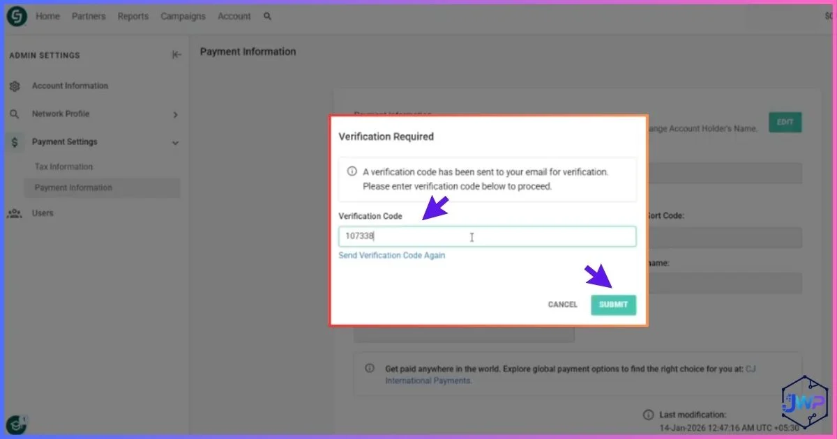 CJ Affiliate payment settings enter routing number for verification screen