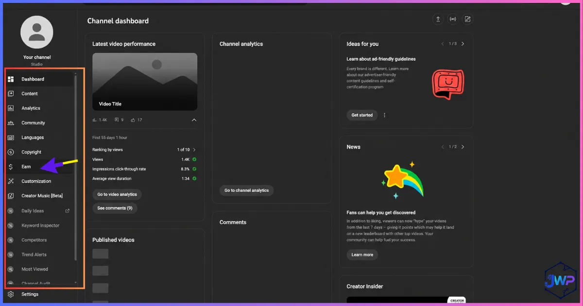 YouTube Studio Earn section for changing AdSense risk bucket