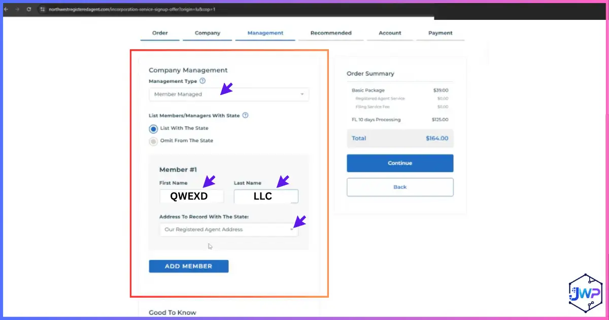 Northwest local child LLC management section listing holding LLC as member for anonymous ownership structure