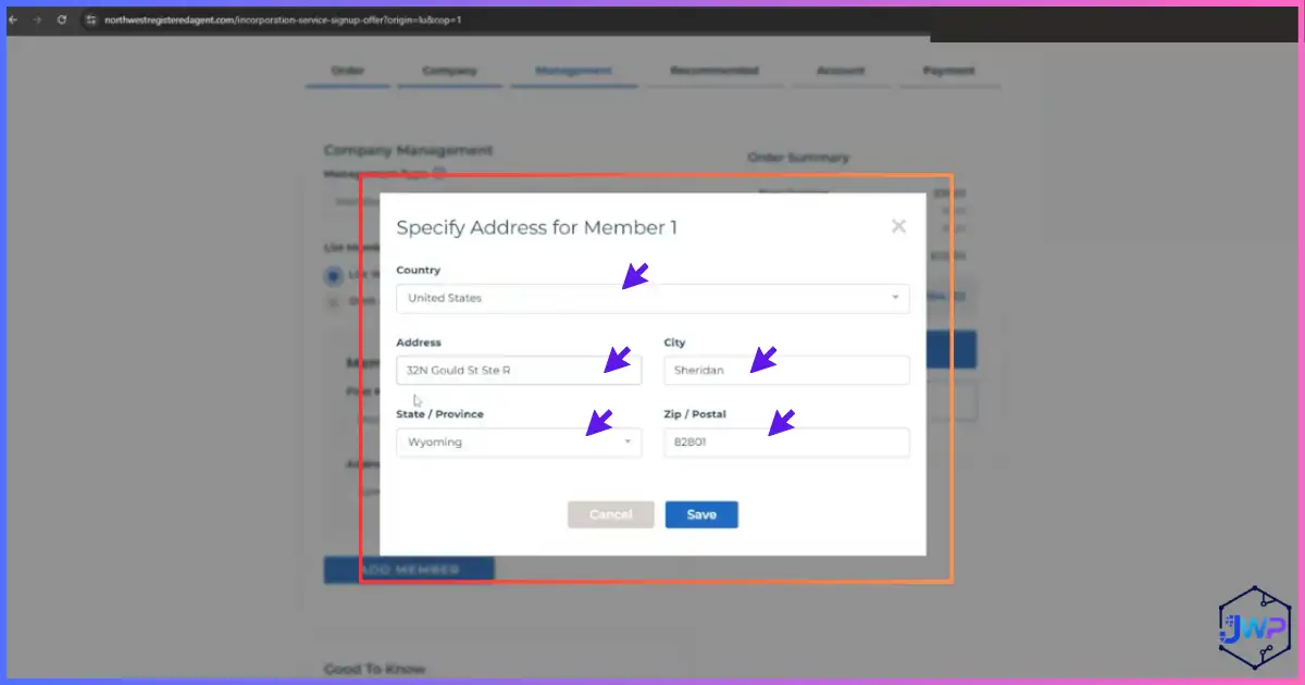 Northwest local LLC specify address field using holding company Wyoming address for privacy