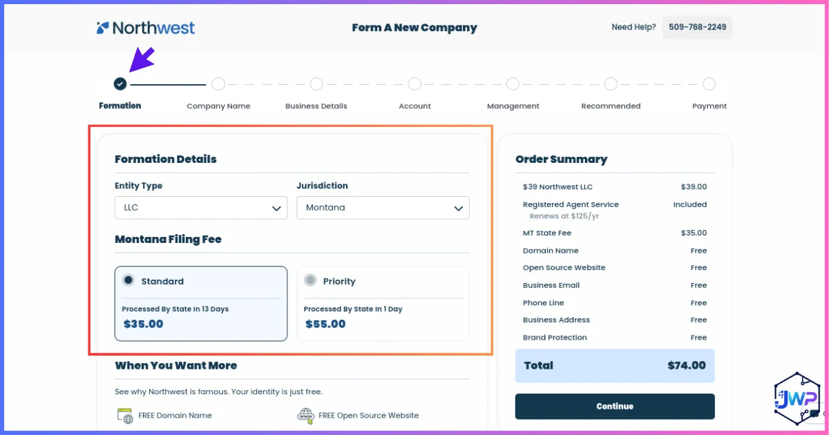 Northwest step 1 formation details for LLC entity and state selection