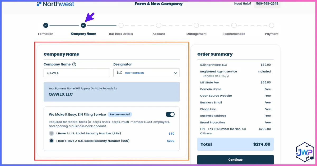 Northwest step 2 company name and optional EIN service for multi-entity setup