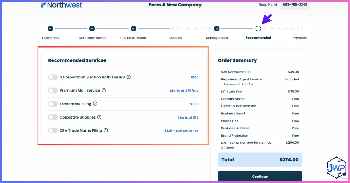 Northwest step 6 optional recommended services during LLC checkout