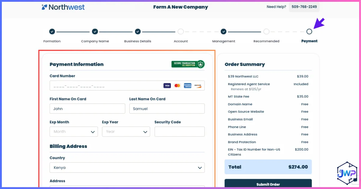 Northwest step 7 payment information to complete multi-entity LLC order