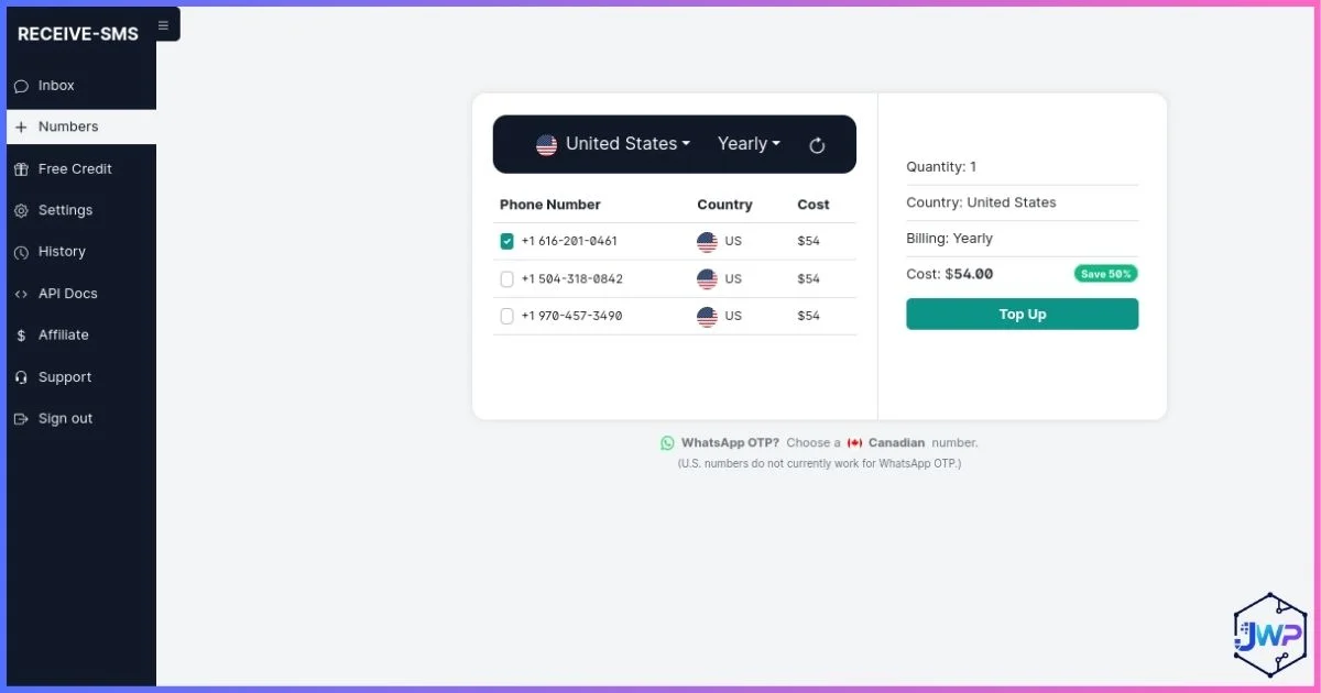 Receive-SMS.com dashboard showing available numbers by country