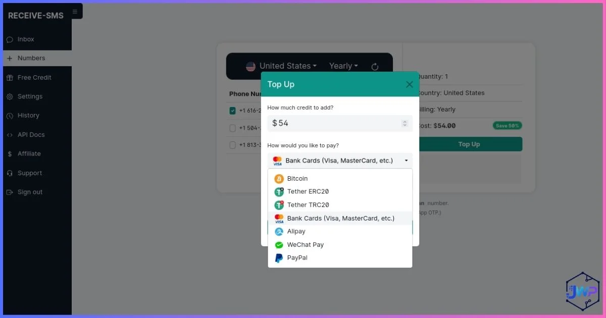 Receive-SMS.com payment methods screen