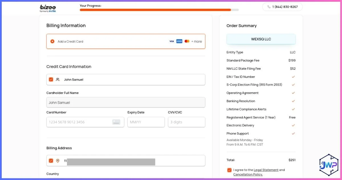 Bizee step 14 add billing information to complete order