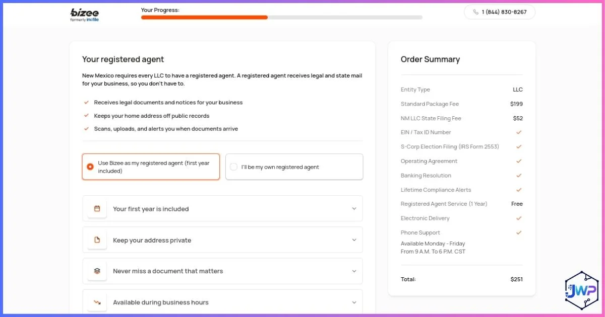 Bizee step 8 choose Bizee as registered agent
