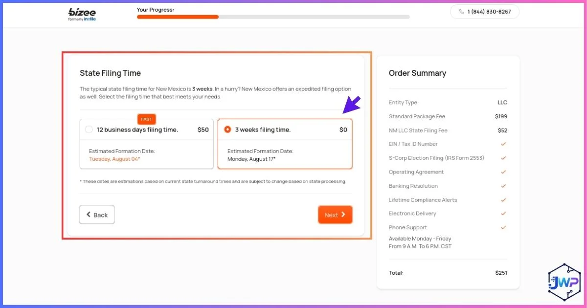 Bizee step 4 choose free state filing time