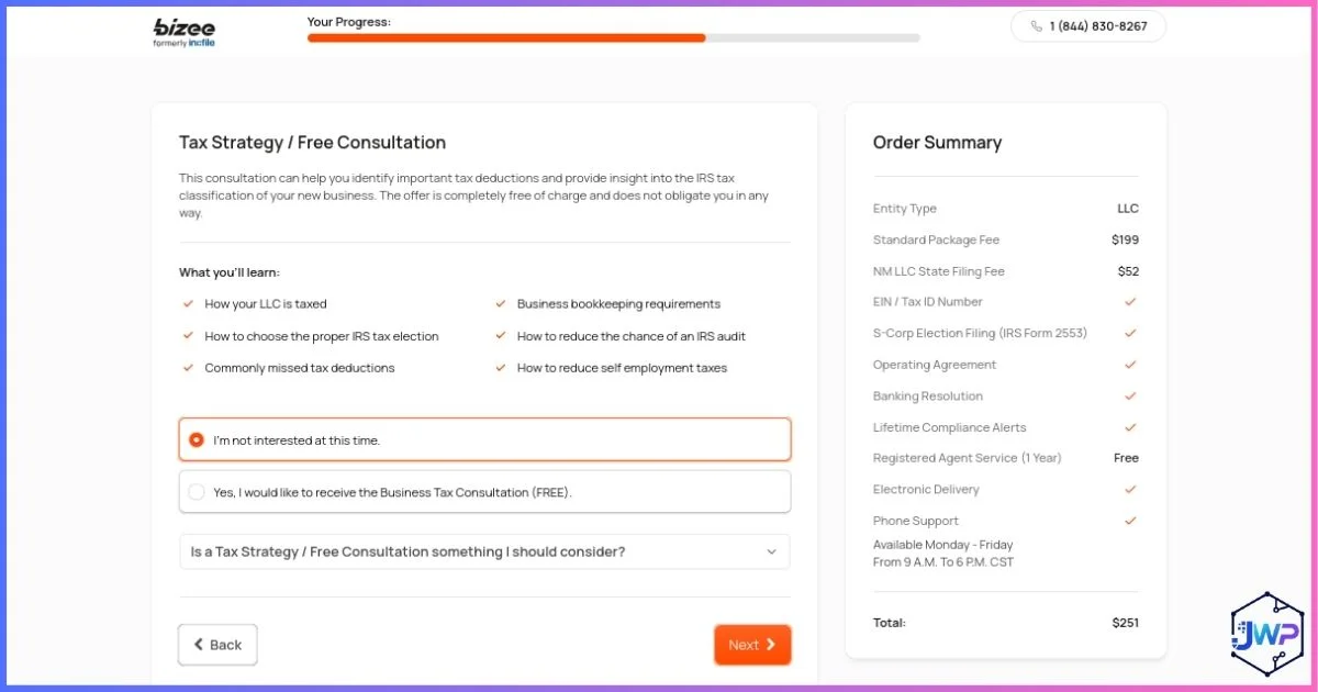 Bizee step 11 choose or ignore tax strategy consultation upsell