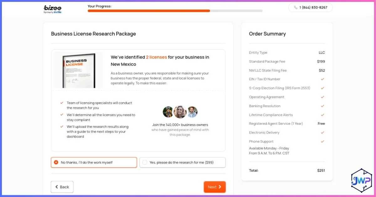 Bizee step 12 choose or ignore business license research package upsell