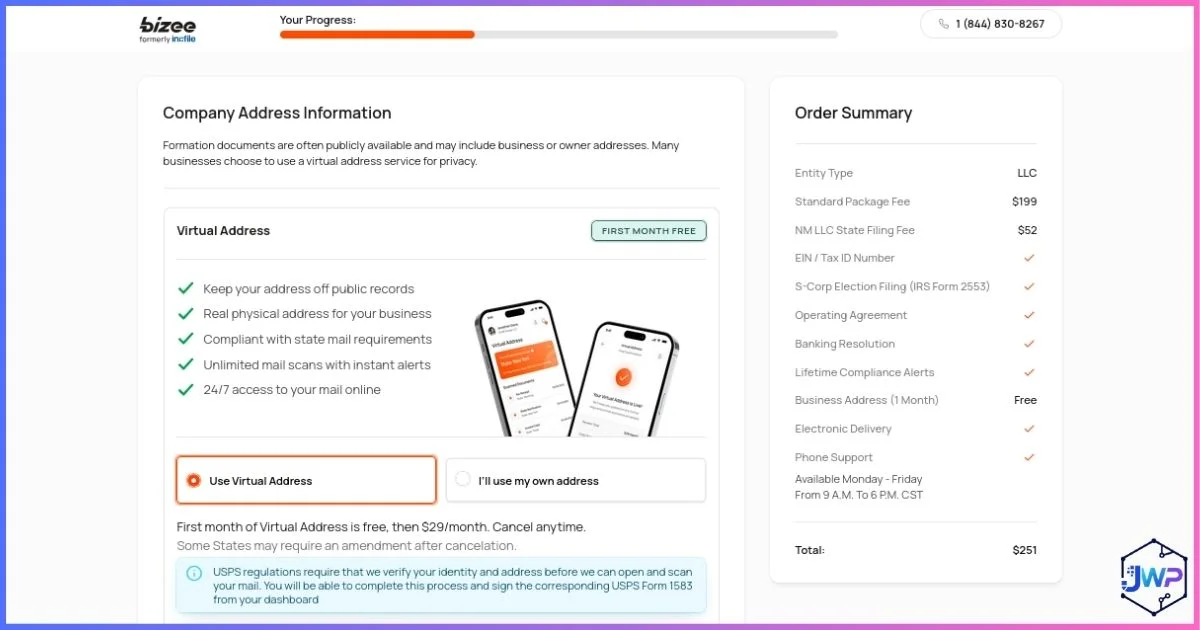 Bizee step 6 enter company address information