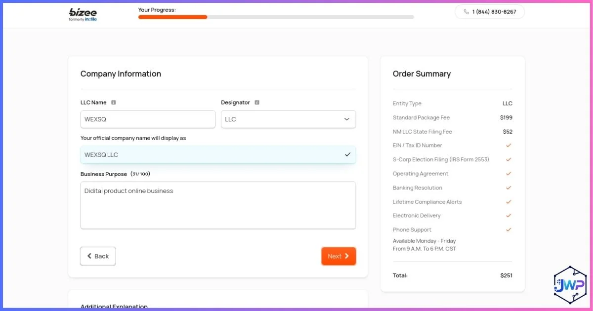 Bizee step 3 enter company information