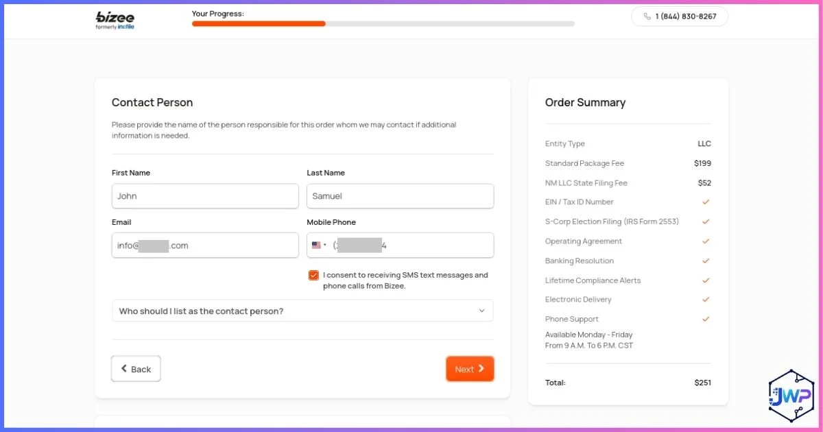 Bizee step 5 enter contact person details