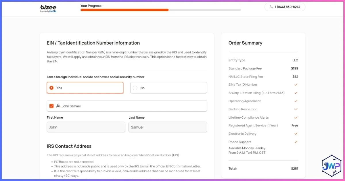 Bizee step 9 enter EIN and tax identification number information