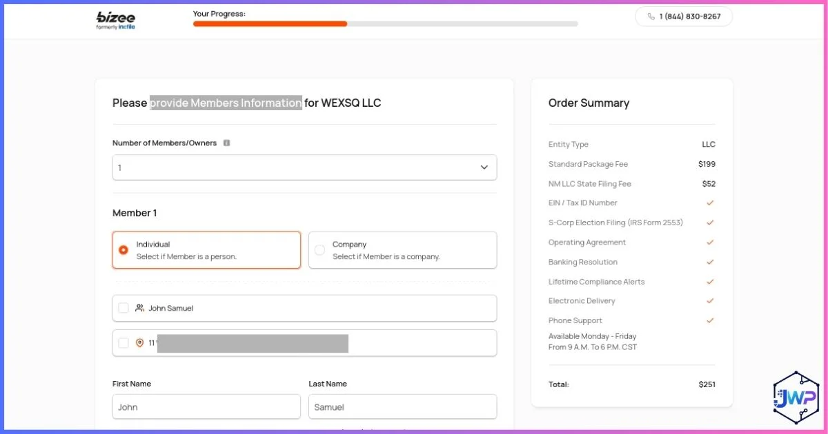 Bizee step 7 provide LLC member information