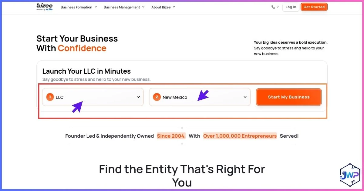 Bizee step 1 choose entity type and formation state