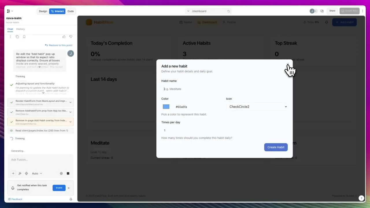 Builder.io HabitFlow add a new habit modal with name color icon and times per day fields