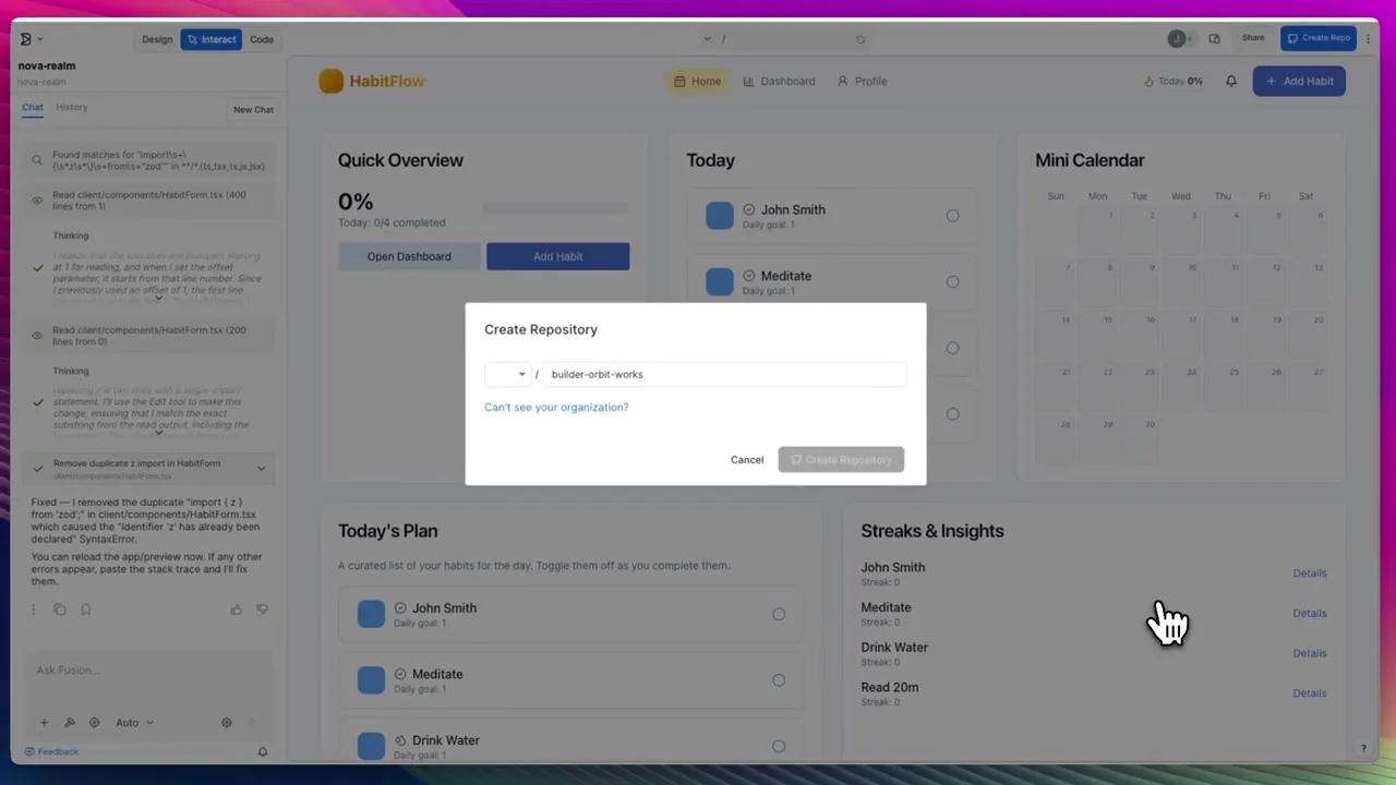 Builder.io Create Repository dialog for exporting a generated website to GitHub