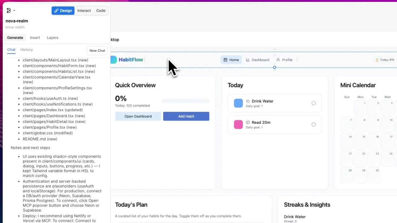 Builder.io editor showing Design Interact and Code modes beside the generated HabitFlow website