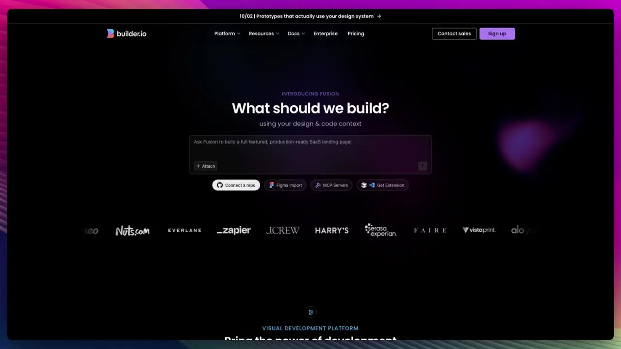 Builder.io Fusion homepage asking what should we build with repository Figma and MCP options