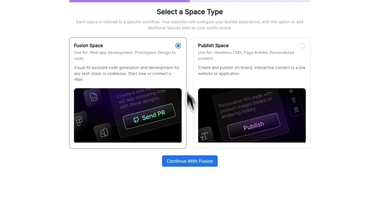 Builder.io onboarding with Fusion Space and Publish Space options