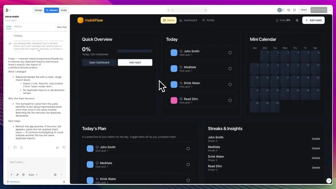 HabitFlow website generated with Builder.io displayed in dark mode