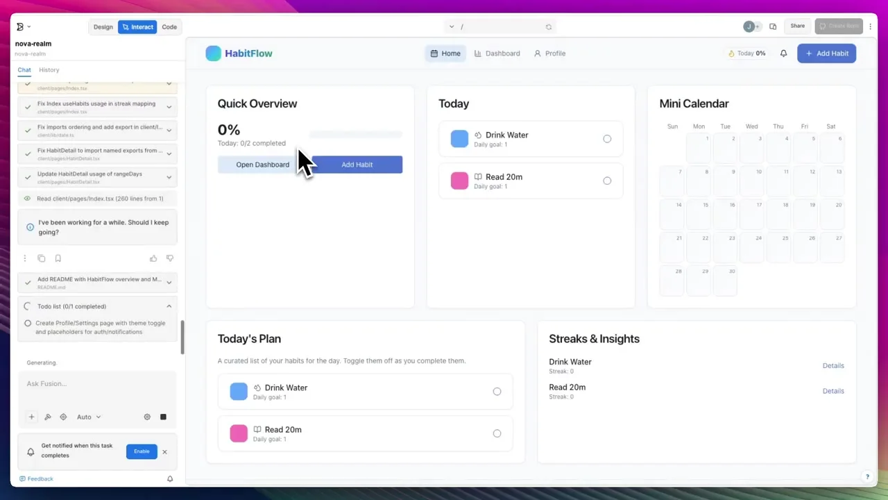 Builder.io Fusion showing a generated HabitFlow website with home dashboard habits and calendar
