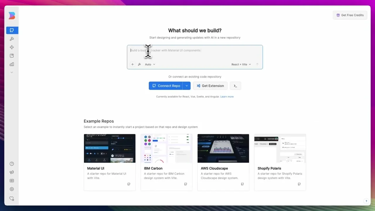 Builder.io Fusion new project screen with prompt field React Vite choice and example repositories