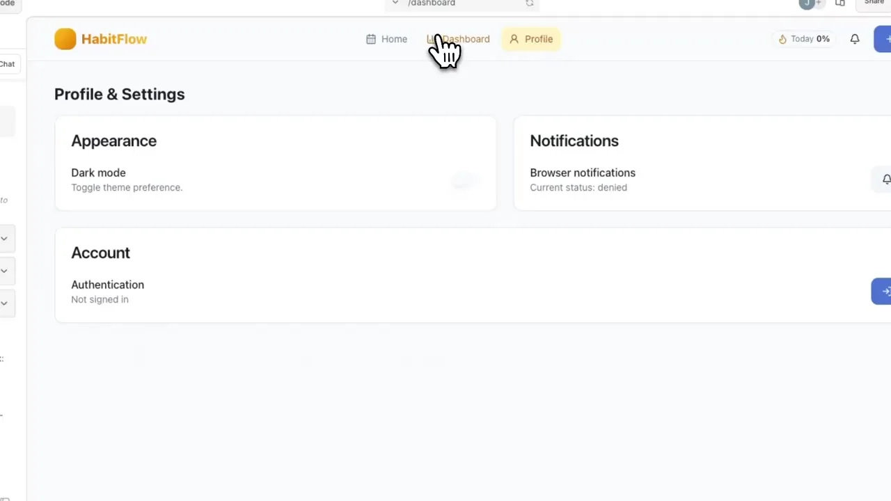 HabitFlow profile and settings page generated in Builder.io with appearance notifications and account sections