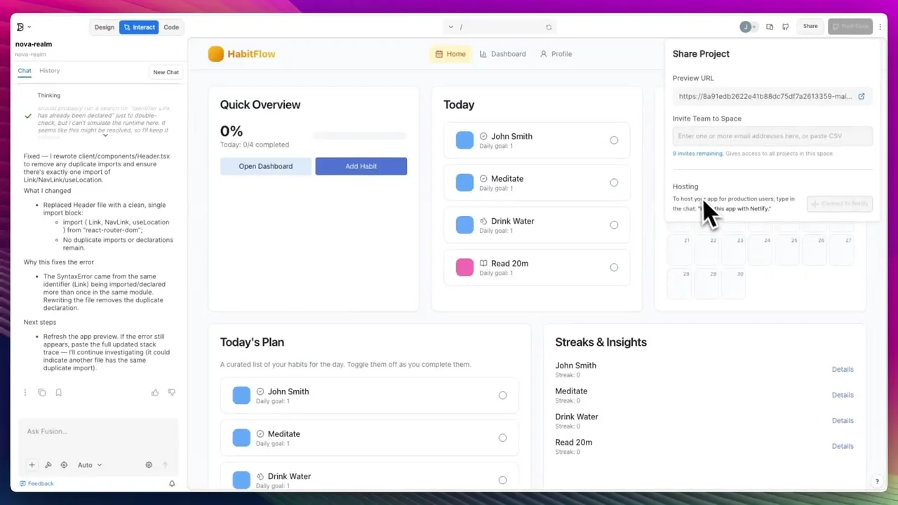 Builder.io Share Project panel showing a preview URL collaboration and hosting options