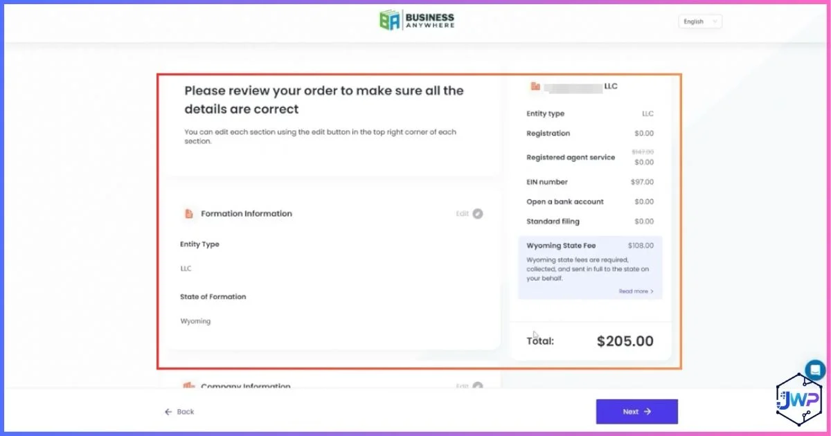 Business Anywhere checkout screen with formation pricing