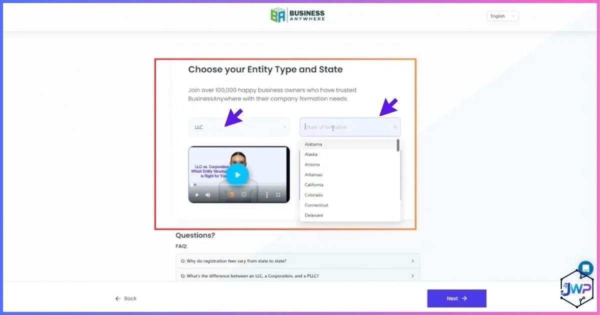 Business Anywhere choose business type screen