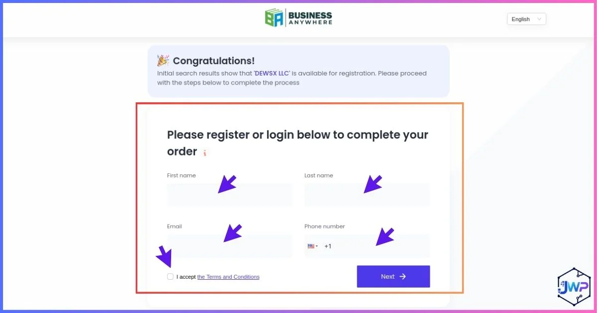 Business Anywhere signup screen
