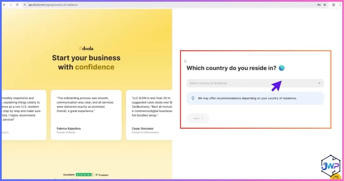 Doola onboarding step 2 country of residence