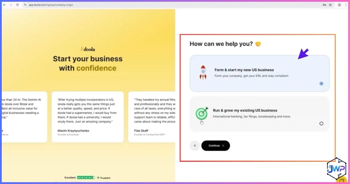 Doola onboarding step 3 form and start a new business