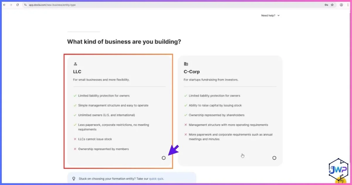 Doola onboarding step 4 business type