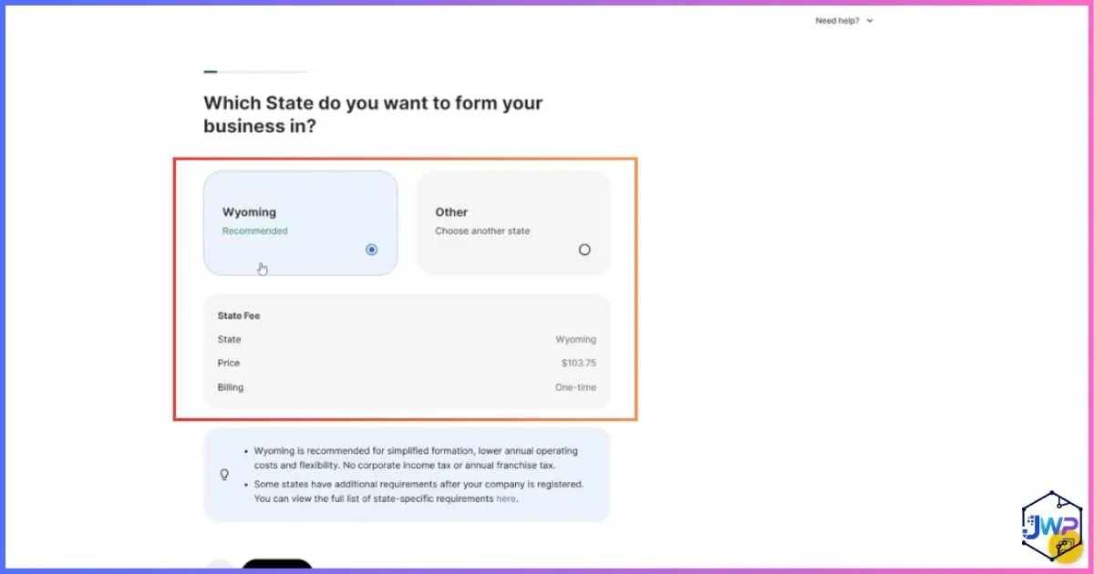 Doola onboarding step 6 choose formation state