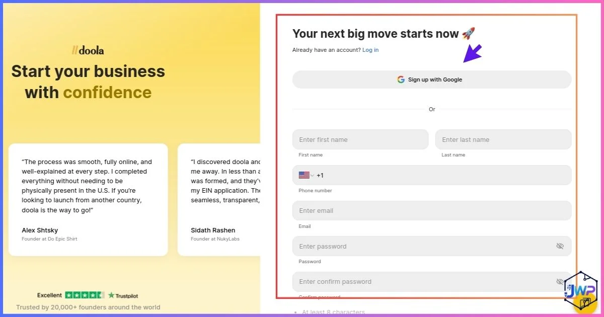 Doola signup screen step 1