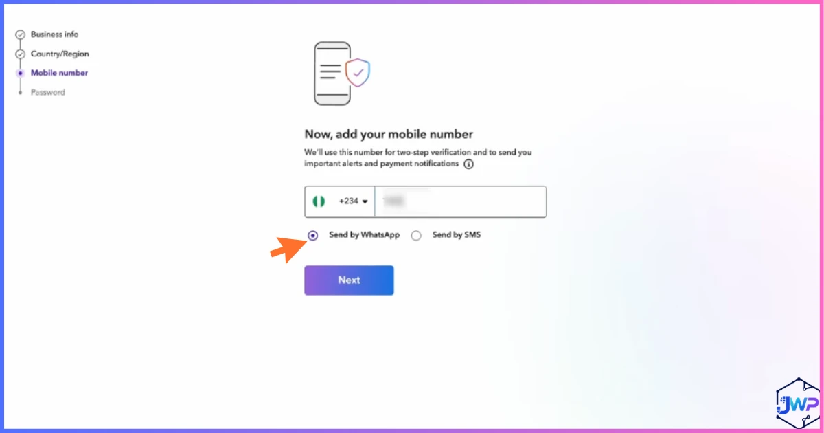 Payoneer add mobile number screen