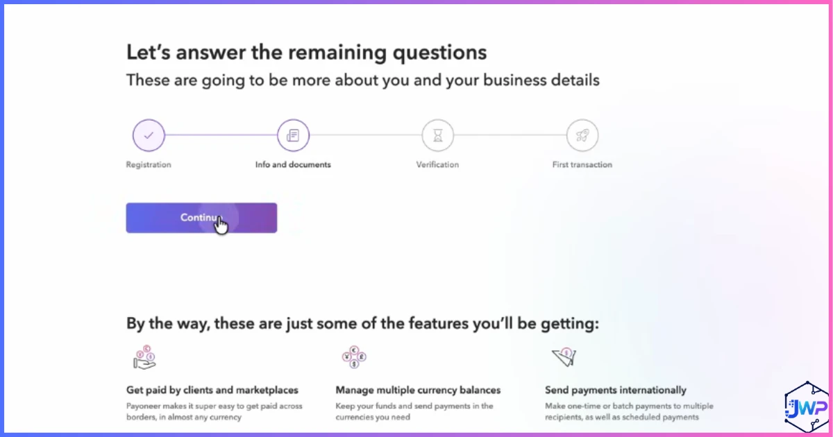 Payoneer answer remaining questions screen