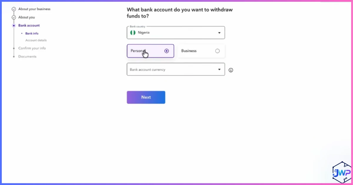 Payoneer choose bank account to withdraw to, personal or business screen