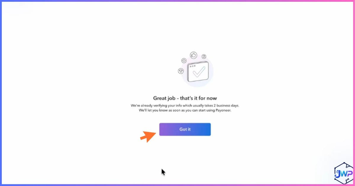 Payoneer application completion notification screen