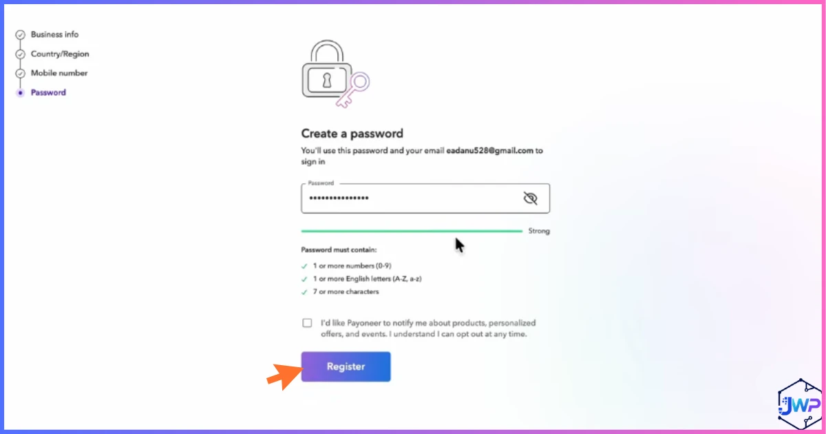 Payoneer create password screen