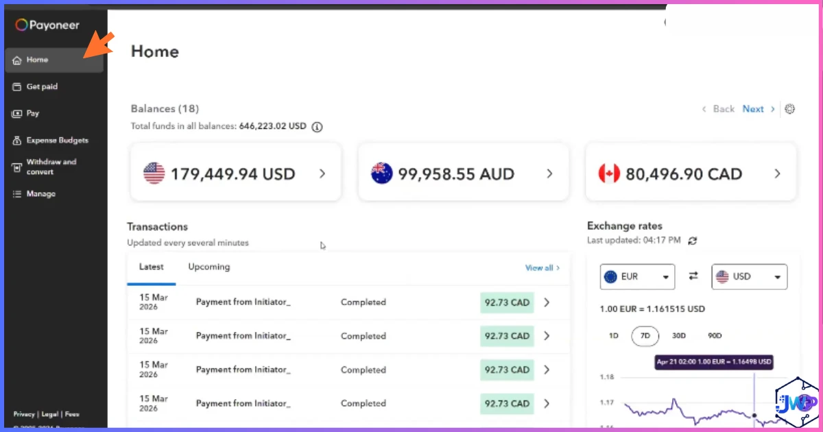 Payoneer dashboard home location