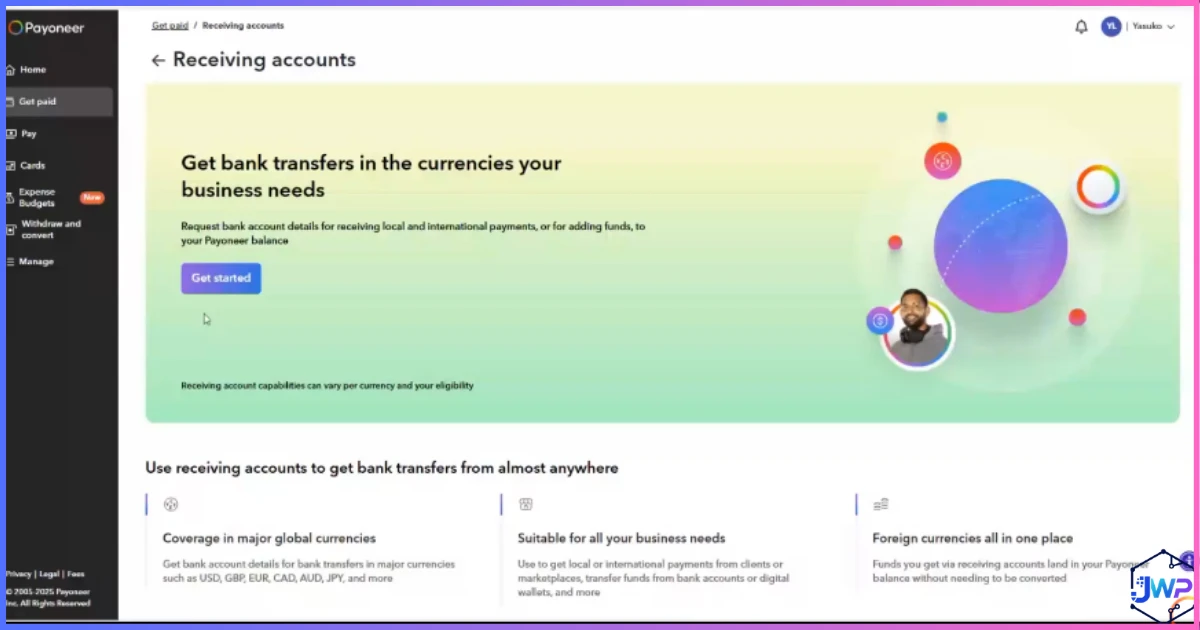 Payoneer dashboard receiving accounts location