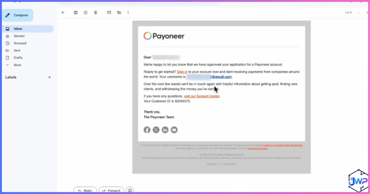 Payoneer email notification for successful verification and approval