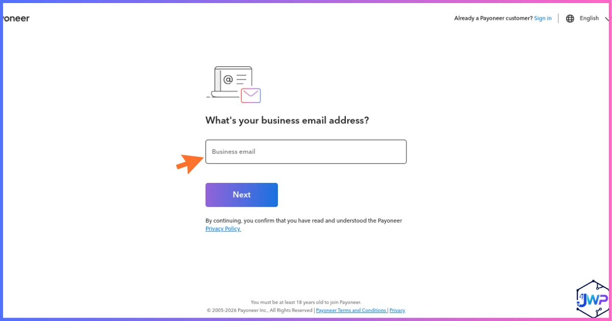 Payoneer enter business email screen