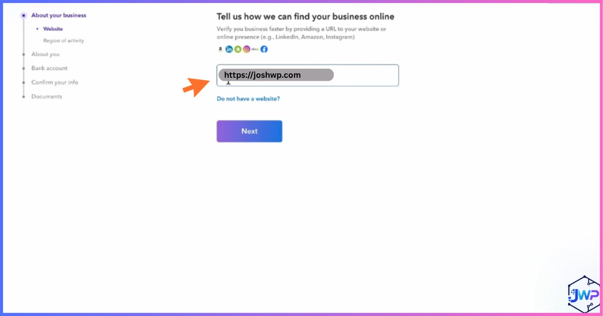 Payoneer enter business website screen